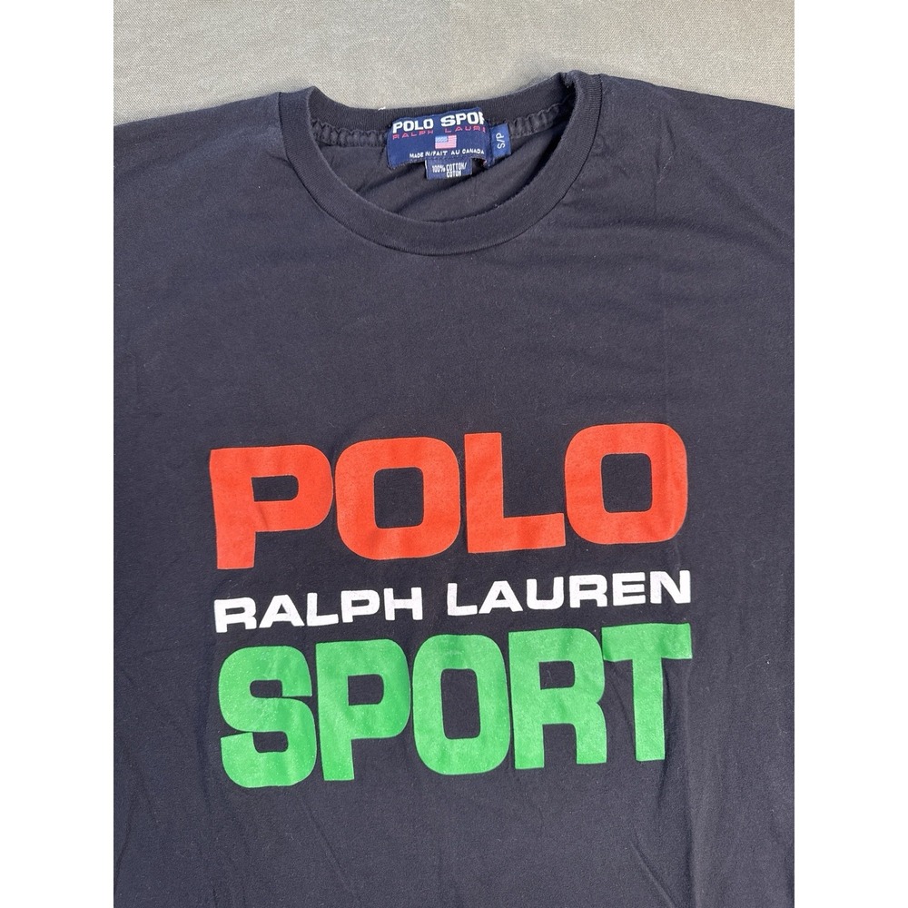 Vintage Polo Sport Ralph Lauren Spellout T Shirt Black USA Flag S Single Stitch